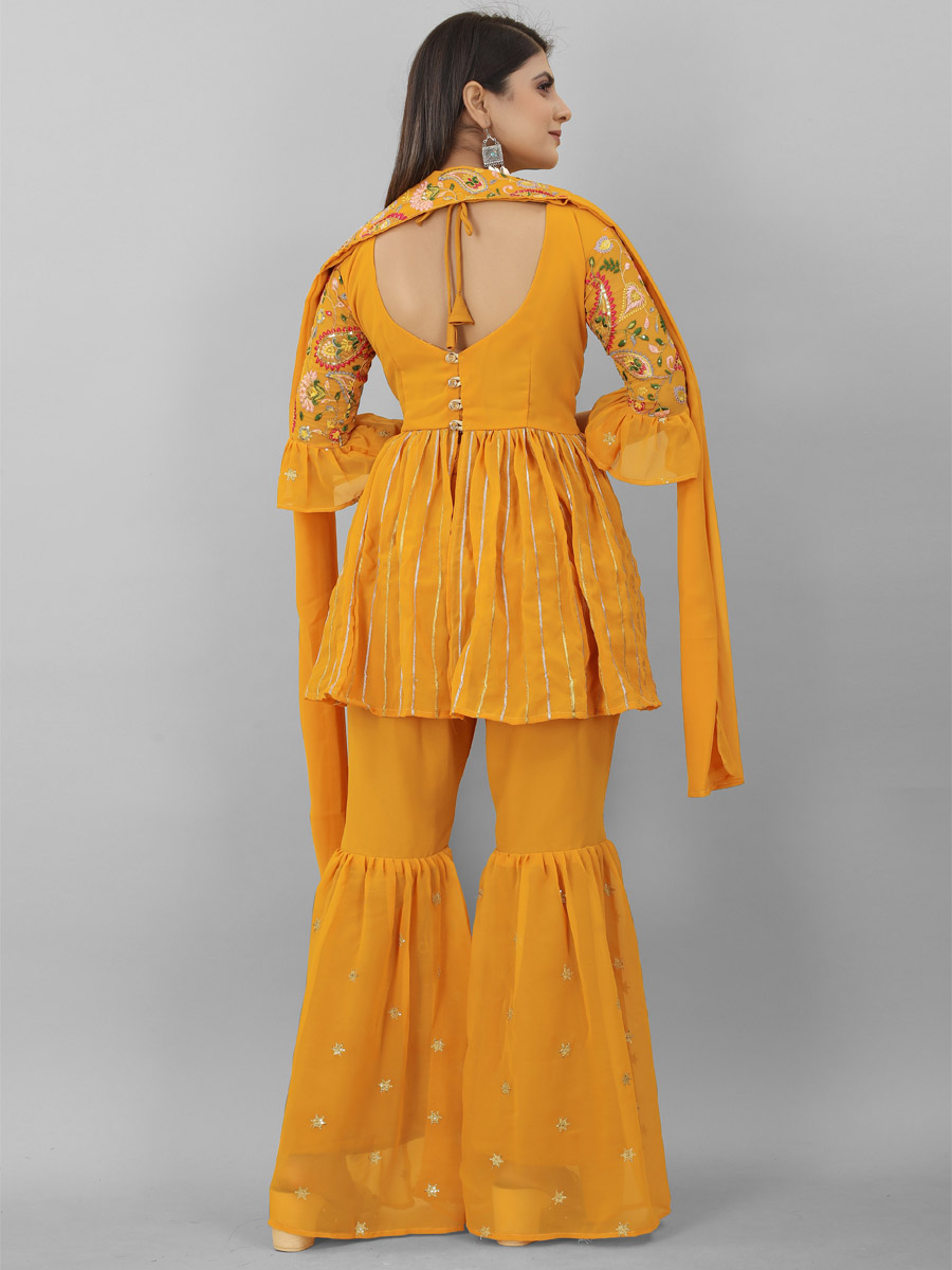 Mustard Georgette Embroiderd Festival Casual Ready Sharara Pant Salwar Kameez