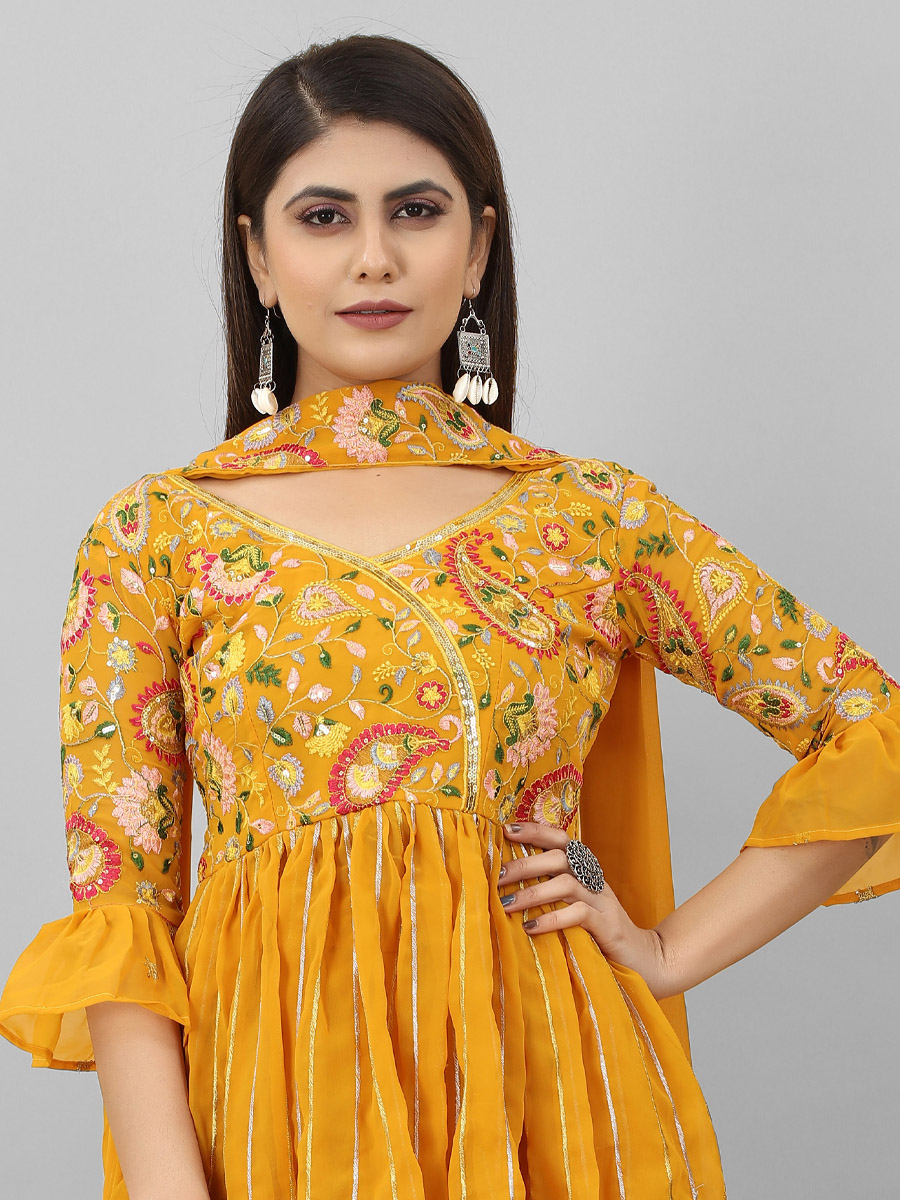 Mustard Georgette Embroiderd Festival Casual Ready Sharara Pant Salwar Kameez