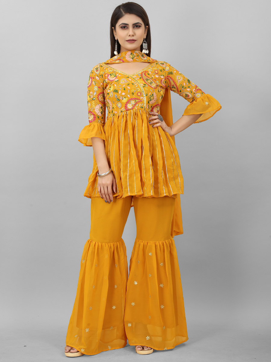 Mustard Georgette Embroiderd Festival Casual Ready Sharara Pant Salwar Kameez