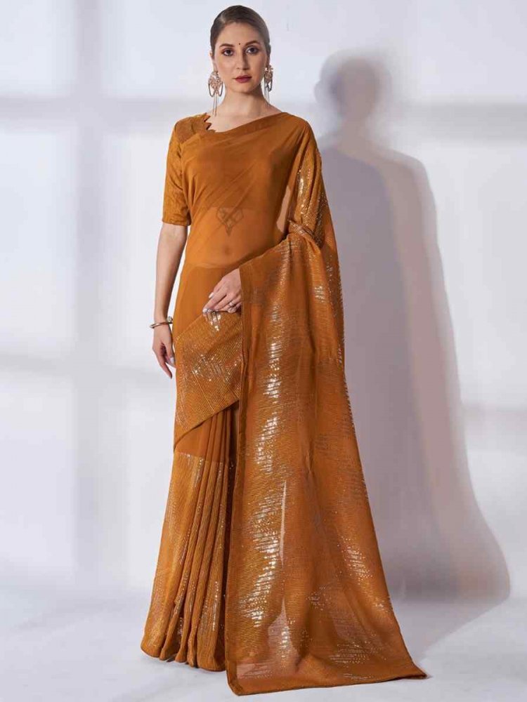 Mustard Georgette Sequins Party Festival Classic Style Saree