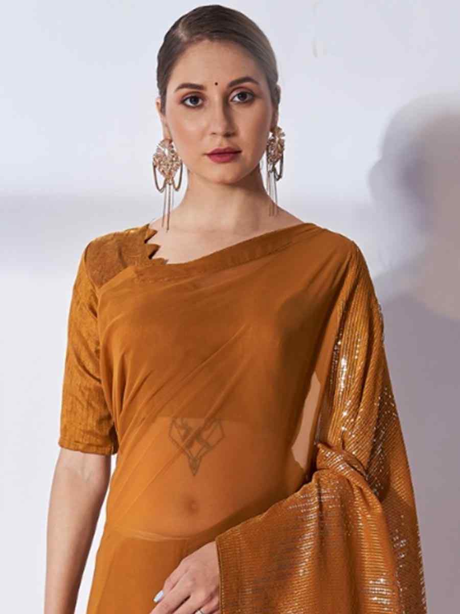 Mustard Georgette Sequins Party Festival Classic Style Saree