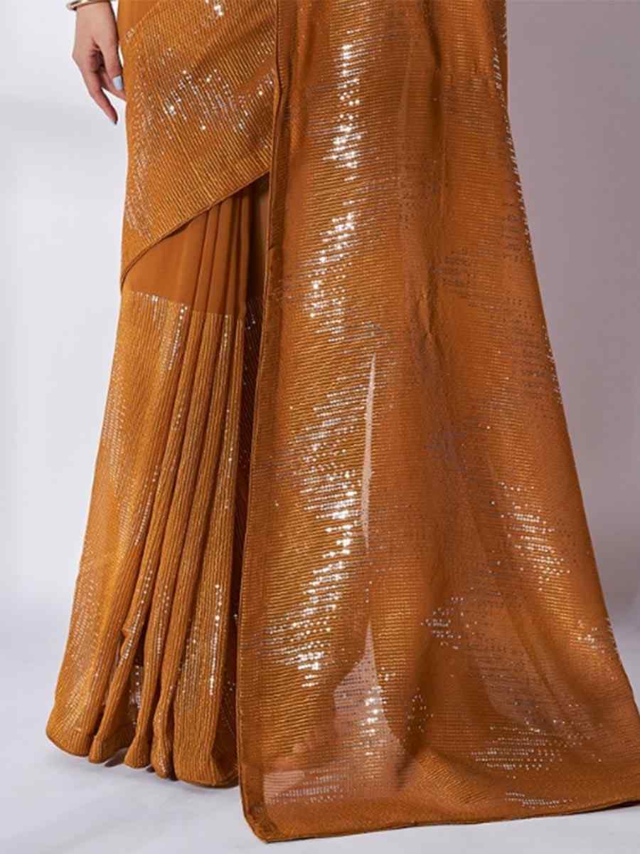 Mustard Georgette Sequins Party Festival Classic Style Saree