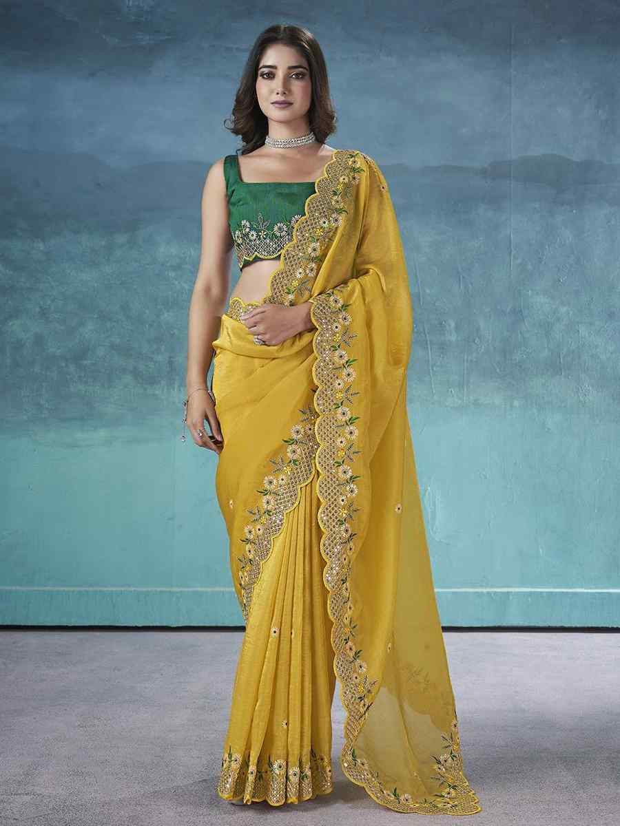 Mustard Gold Crunchy Embroidered Casual Festival Wedding Heavy Border Saree