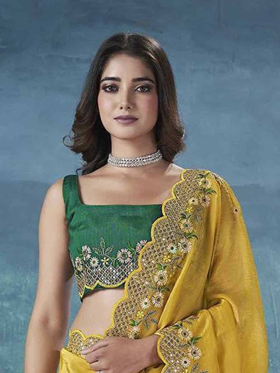 Mustard Gold Crunchy Embroidered Casual Festival Wedding Heavy Border Saree