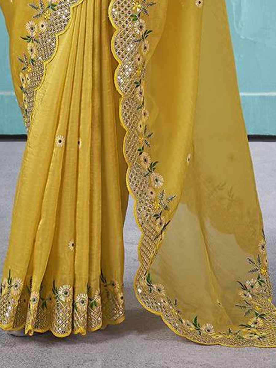 Mustard Gold Crunchy Embroidered Casual Festival Wedding Heavy Border Saree