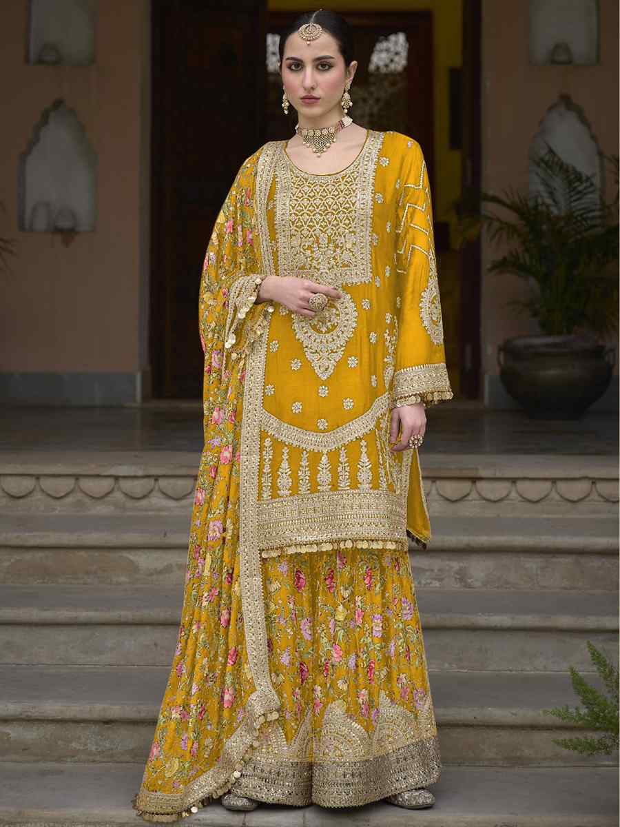 Mustard Heavy Chinon Embroidered Festival Wedding Palazzo Pant Salwar Kameez