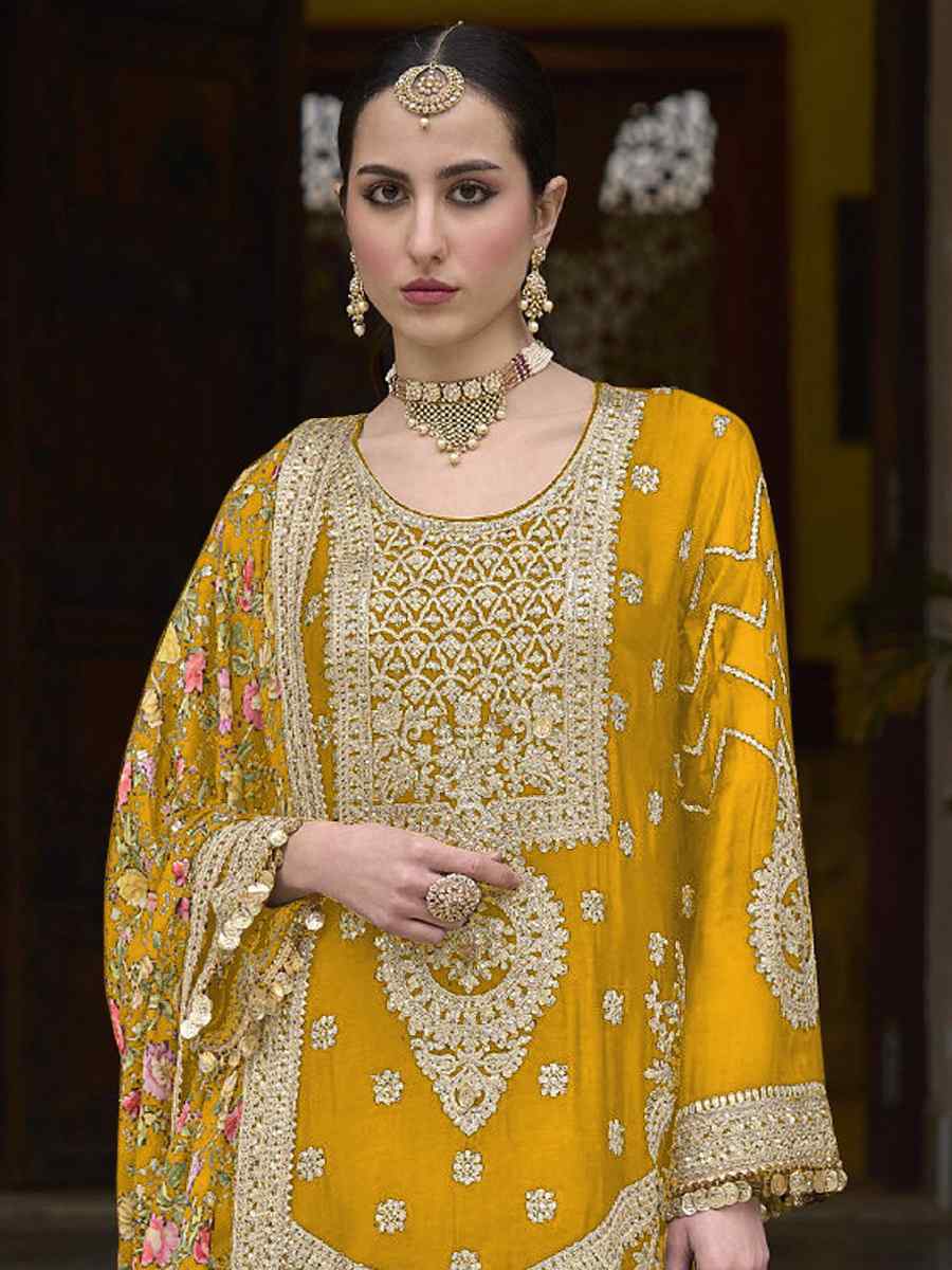 Mustard Heavy Chinon Embroidered Festival Wedding Palazzo Pant Salwar Kameez