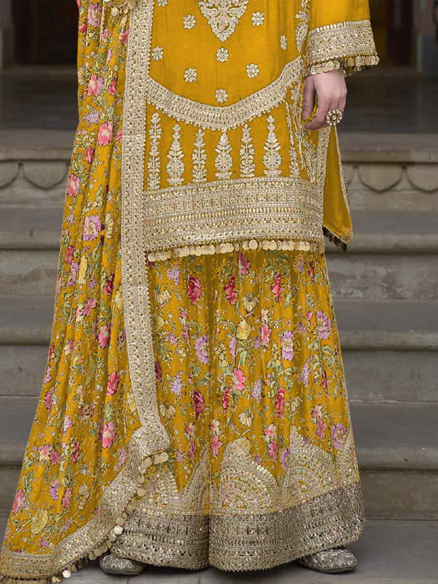 Mustard Heavy Chinon Embroidered Festival Wedding Palazzo Pant Salwar Kameez