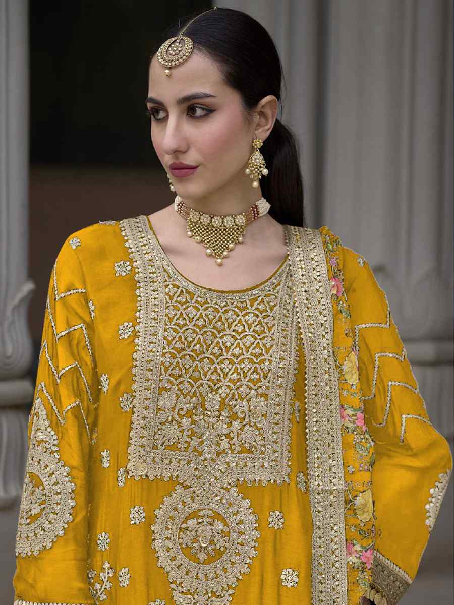 Mustard Heavy Chinon Embroidered Festival Wedding Palazzo Pant Salwar Kameez