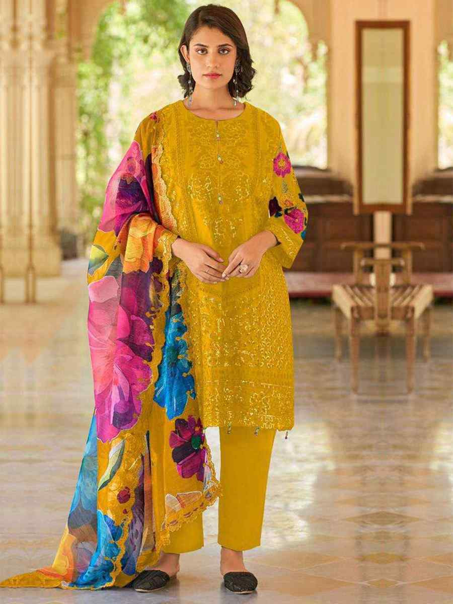 Mustard Heavy Cotton Embroidered Festival Casual Pant Ready Salwar Kameez