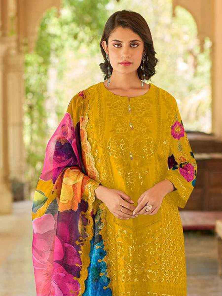 Mustard Heavy Cotton Embroidered Festival Casual Pant Ready Salwar Kameez