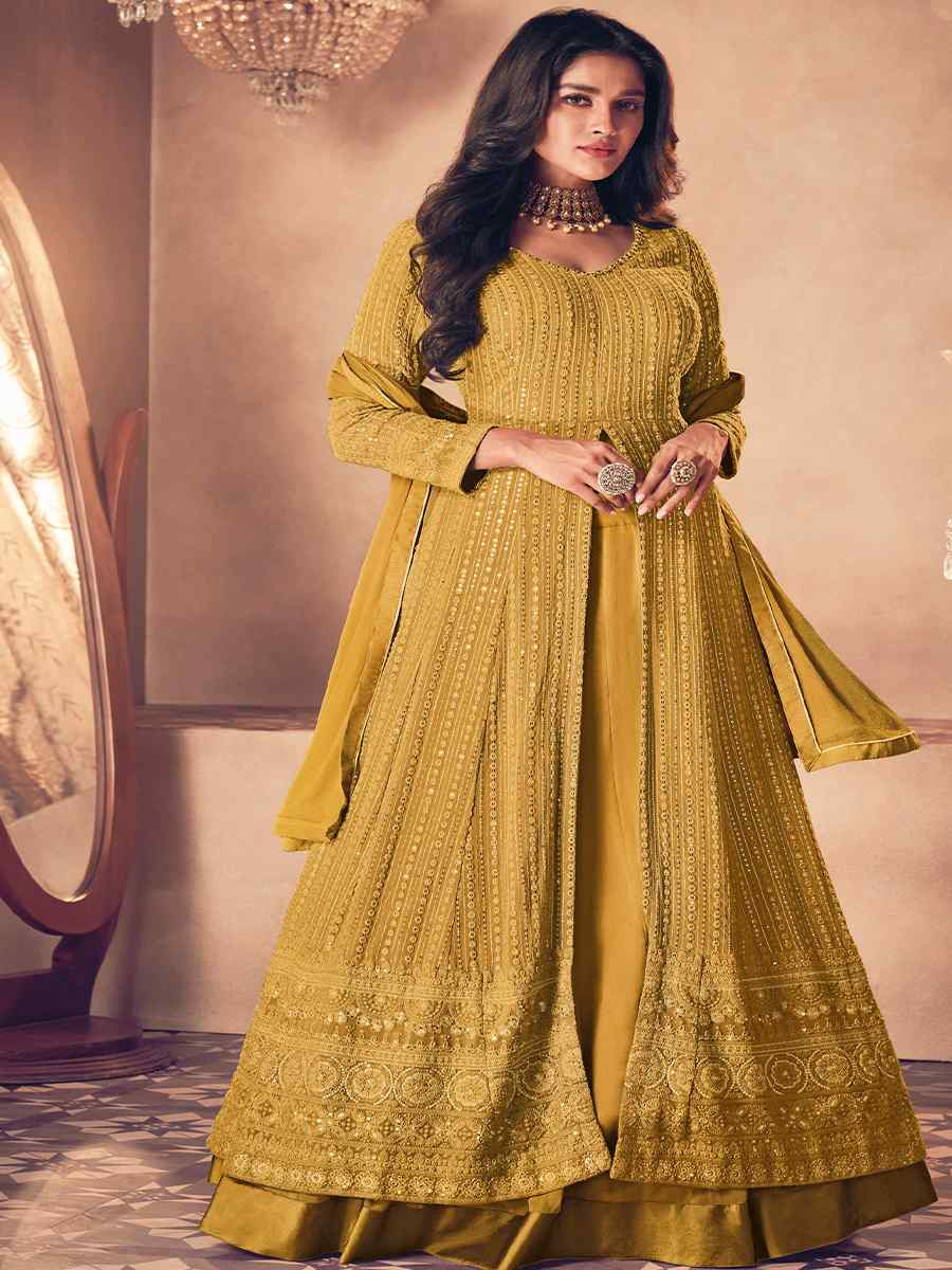 Mustard Heavy Faux Georgette Embroidered Festival Wedding Anarkali Salwar Kameez