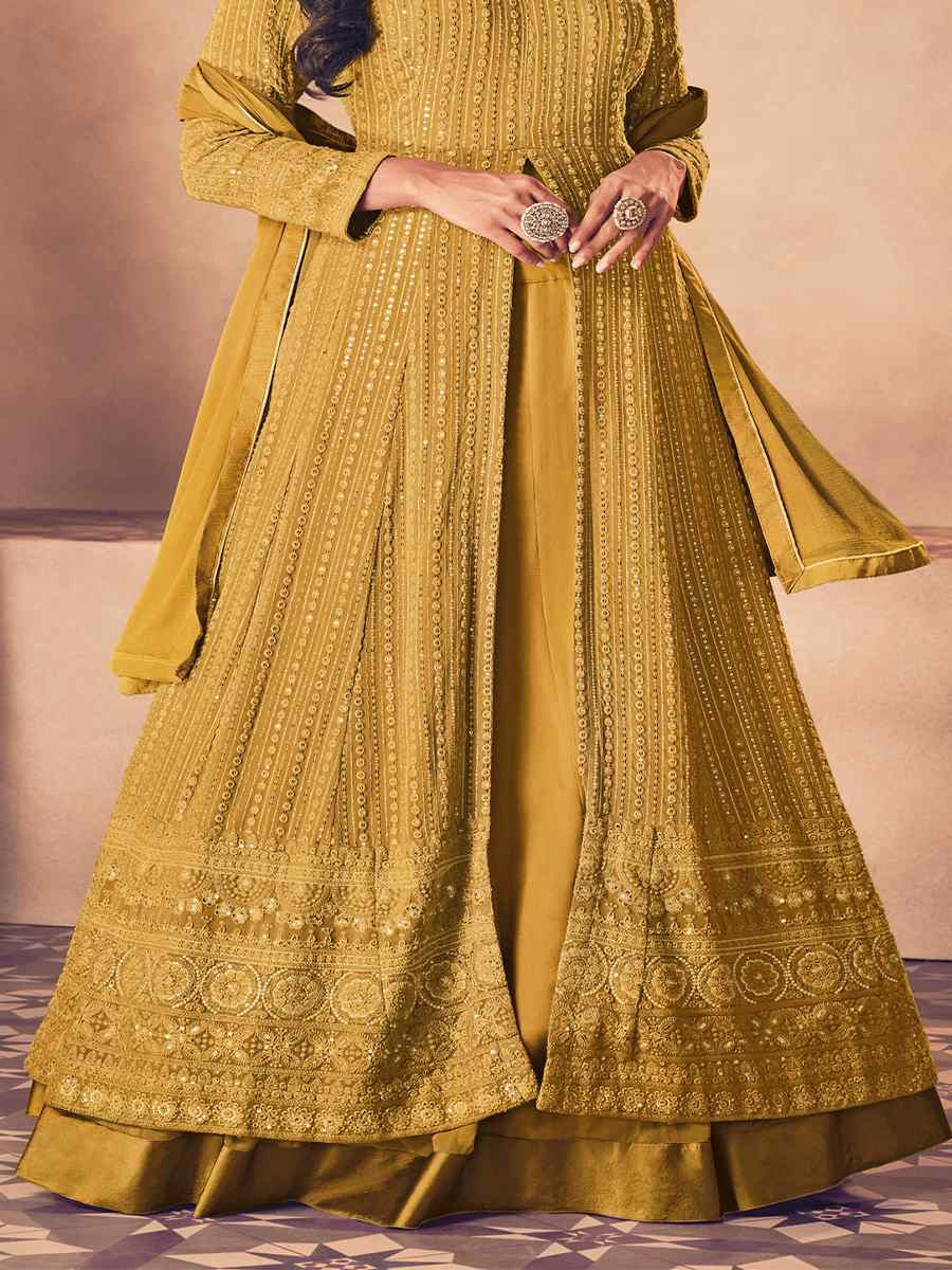 Mustard Heavy Faux Georgette Embroidered Festival Wedding Anarkali Salwar Kameez