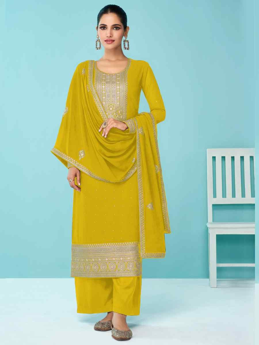 Mustard Heavy Faux Georgette Embroidered Festival Wedding Palazzo Pant Salwar Kameez