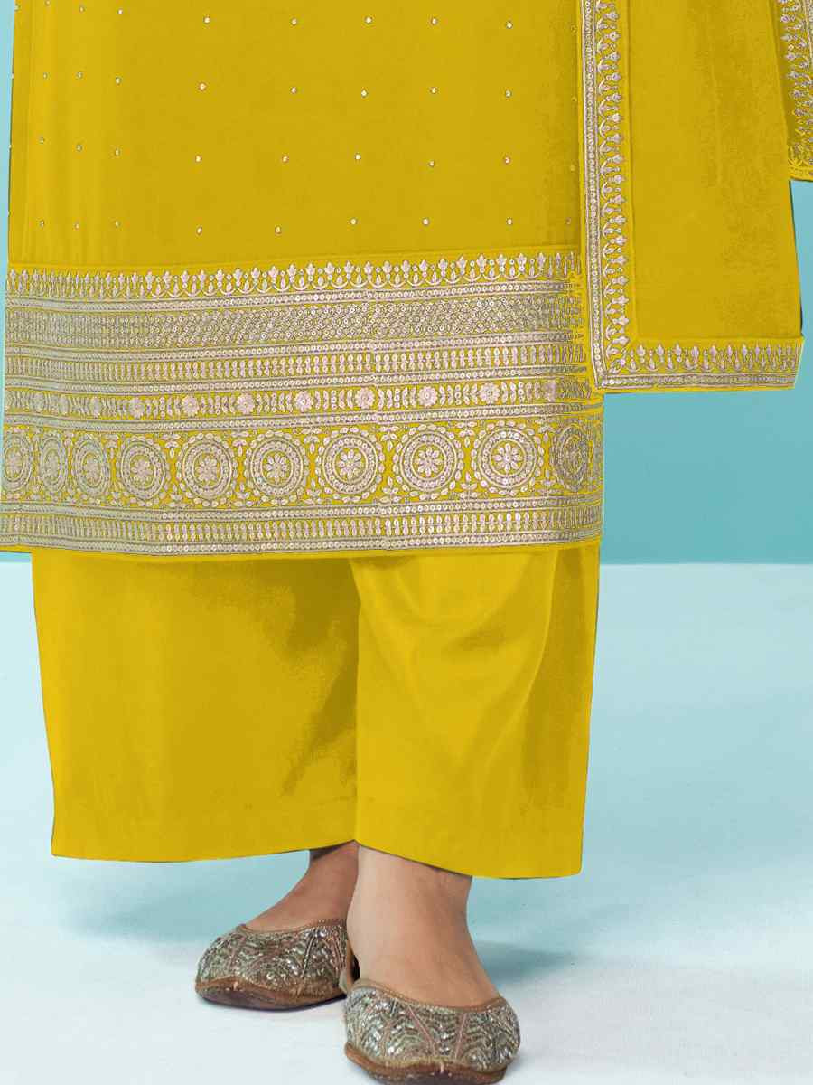 Mustard Heavy Faux Georgette Embroidered Festival Wedding Palazzo Pant Salwar Kameez