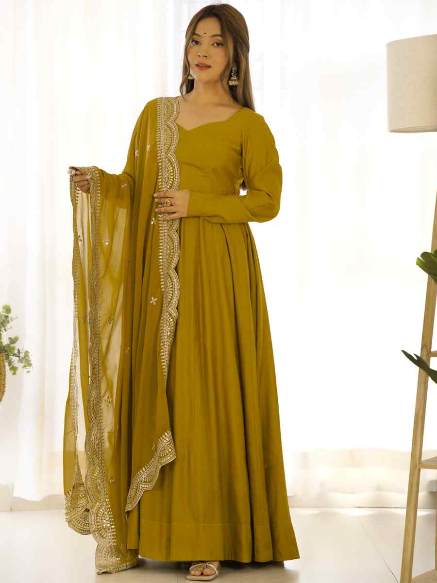 Mustard Heavy Pure Roman Silk Chanderi Embroidered Festival Party Gown