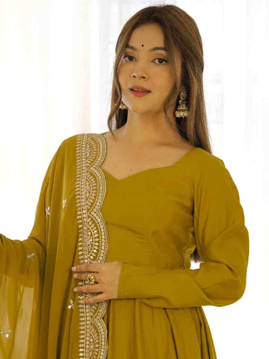 Mustard Heavy Pure Roman Silk Chanderi Embroidered Festival Party Gown