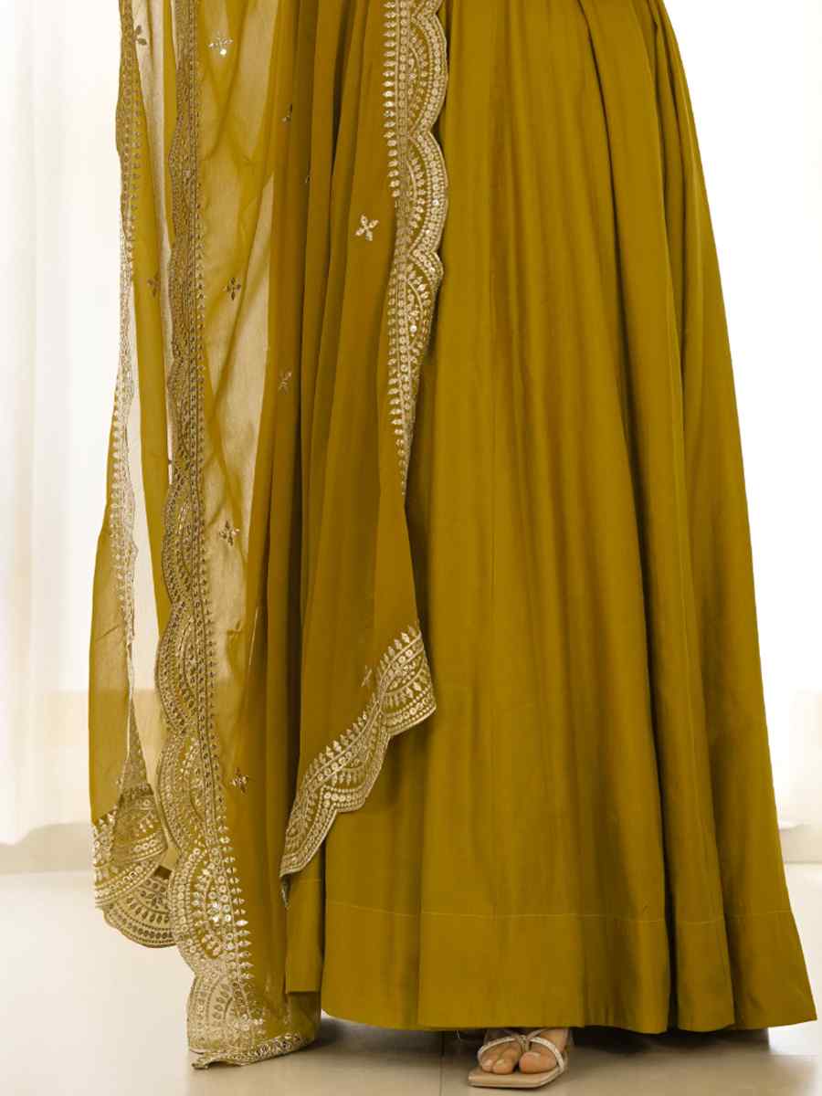 Mustard Heavy Pure Roman Silk Chanderi Embroidered Festival Party Gown