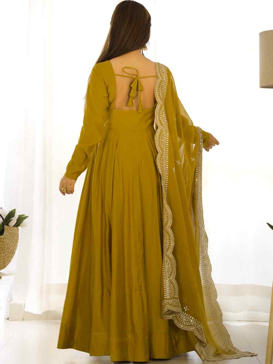 Mustard Heavy Pure Roman Silk Chanderi Embroidered Festival Party Gown