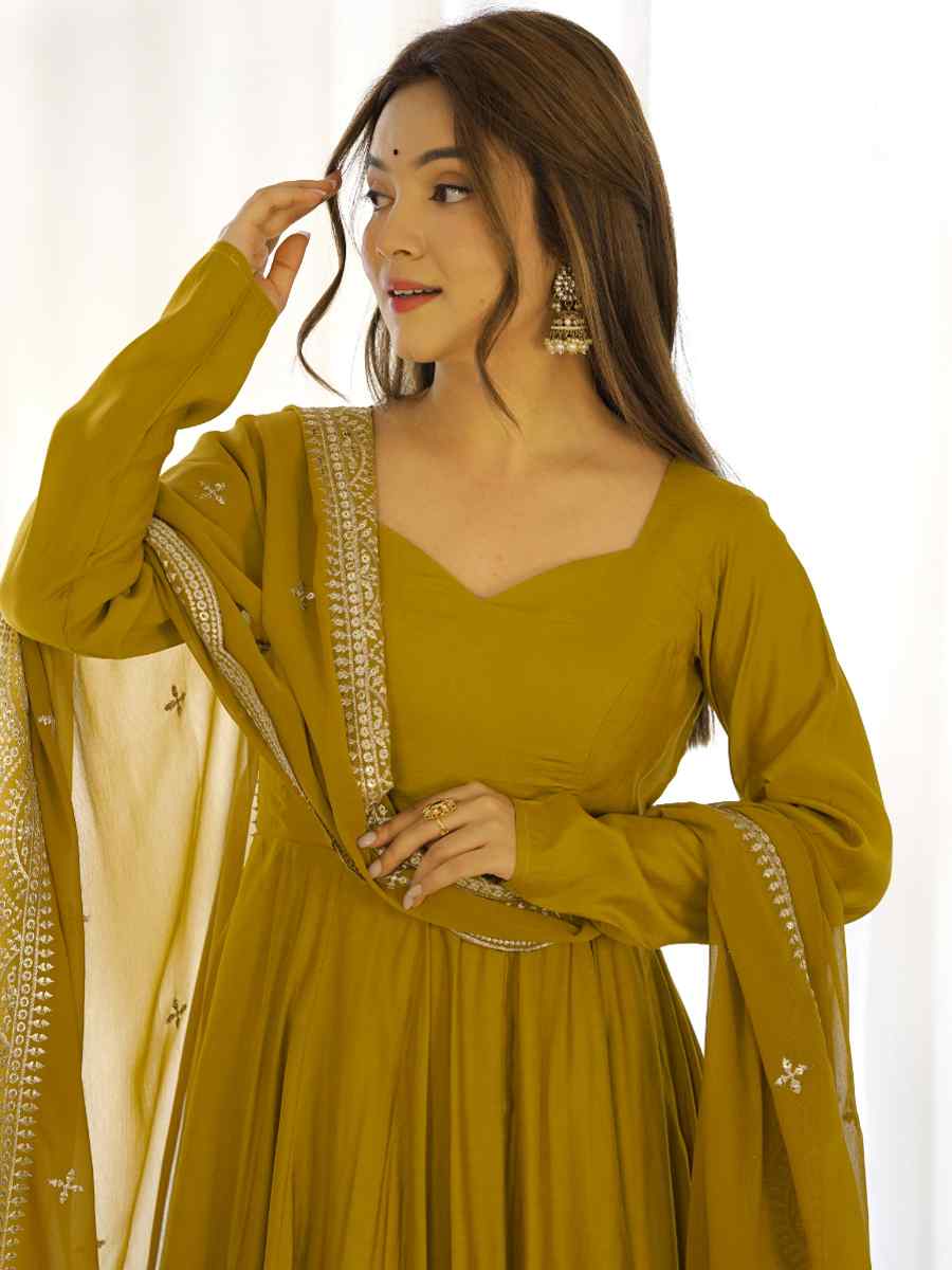 Mustard Heavy Pure Roman Silk Chanderi Embroidered Festival Party Gown