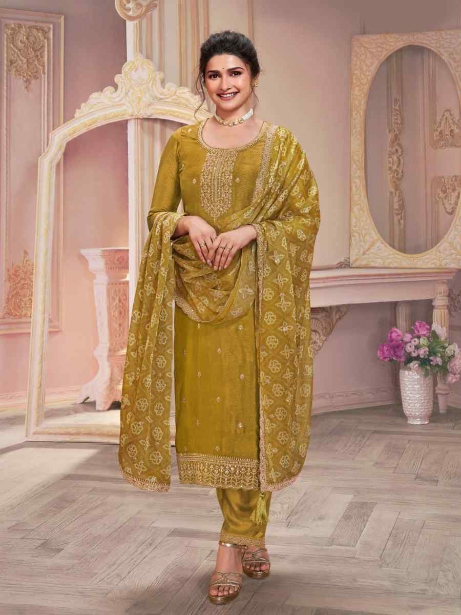 Mustard Heavy Silk Gerogatte Embroidered Festival Wedding Pant Salwar Kameez