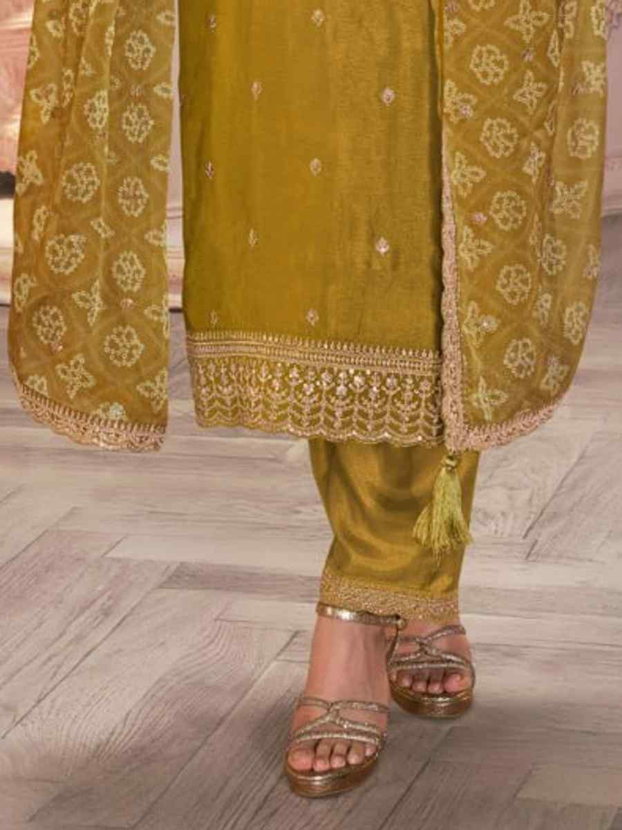 Mustard Heavy Silk Gerogatte Embroidered Festival Wedding Pant Salwar Kameez