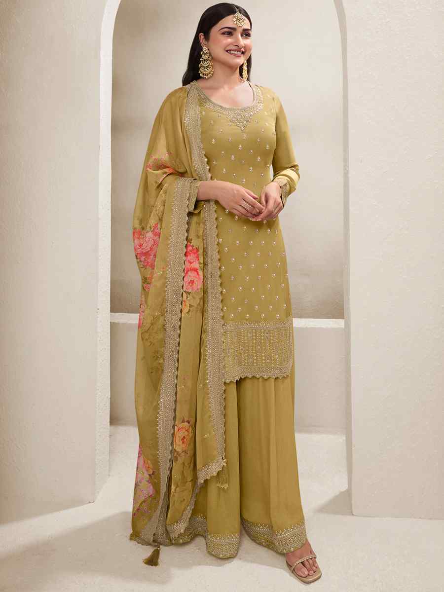 Mustard Heavy Viscose Chinon Embroidered Festival Wedding Sharara Pant Salwar Kameez