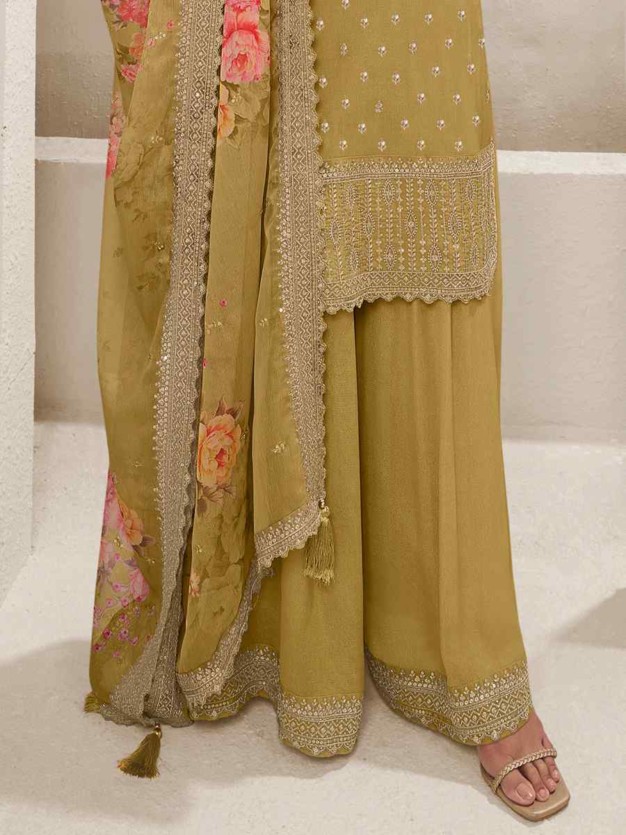 Mustard Heavy Viscose Chinon Embroidered Festival Wedding Sharara Pant Salwar Kameez