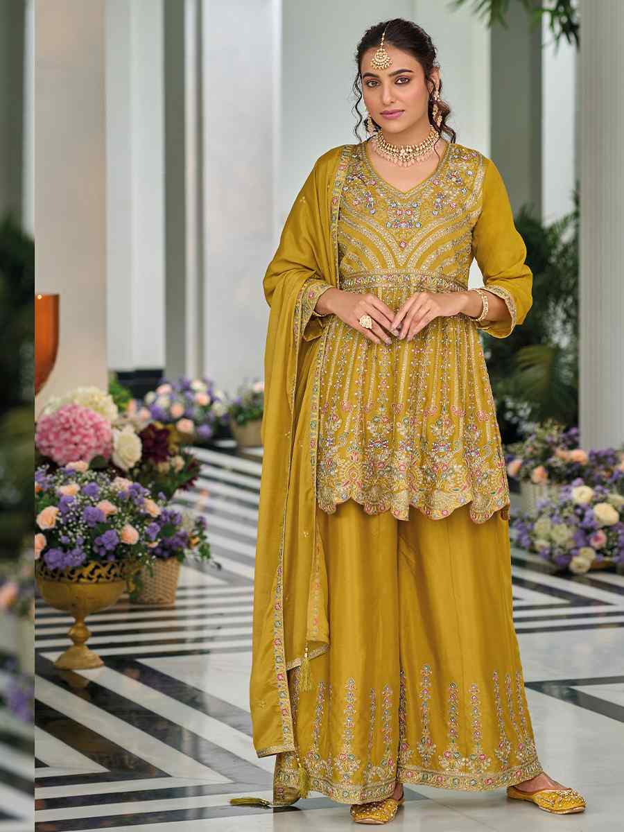 Mustard Hevy Chinon Embroidered Festival Wedding Ready Sharara Pant Salwar Kameez