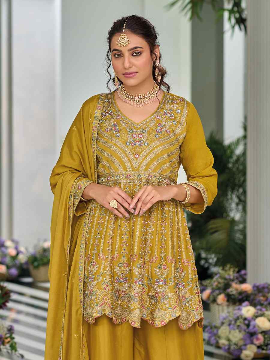 Mustard Hevy Chinon Embroidered Festival Wedding Ready Sharara Pant Salwar Kameez