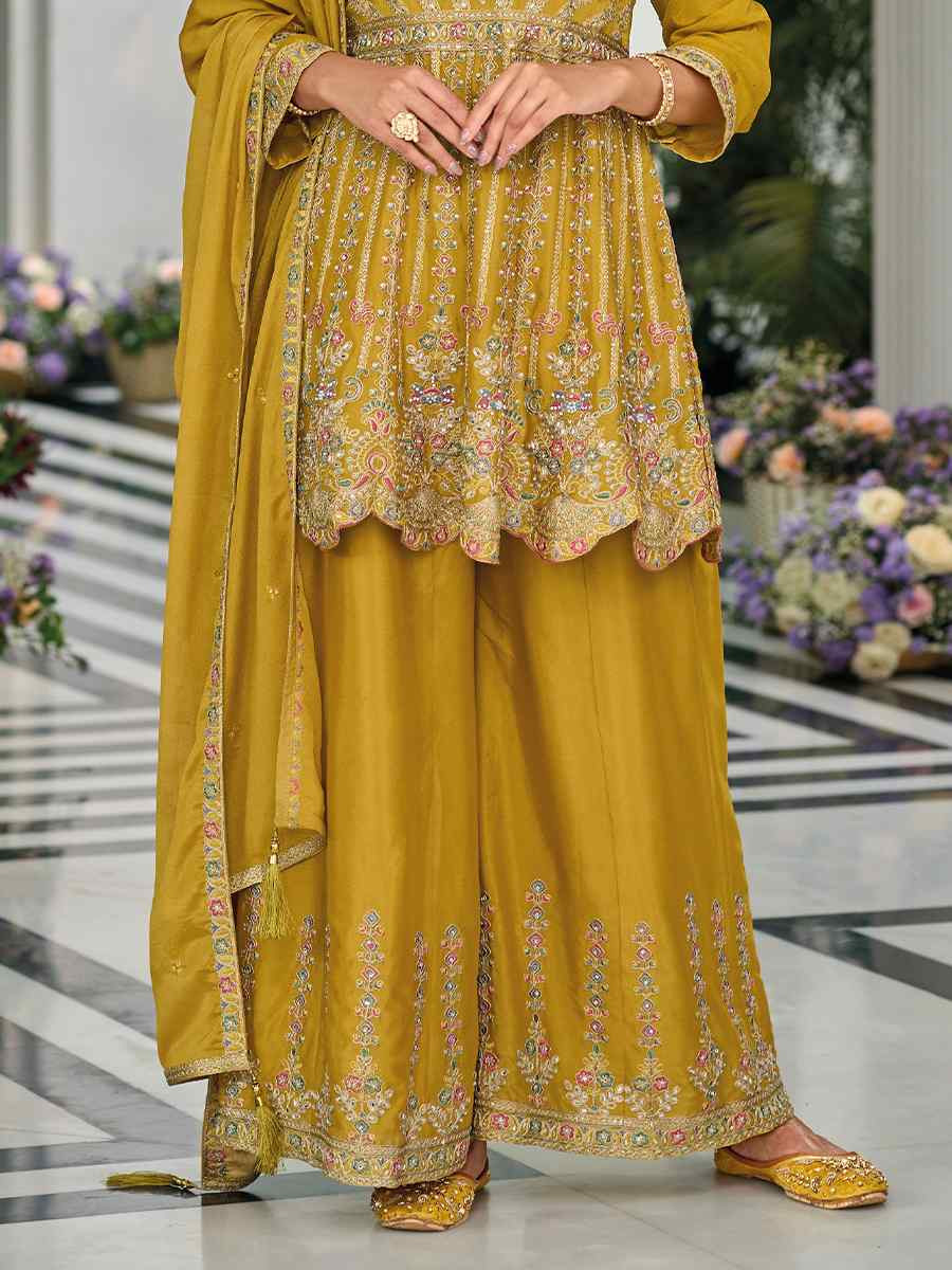 Mustard Hevy Chinon Embroidered Festival Wedding Ready Sharara Pant Salwar Kameez