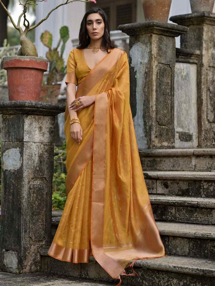 Mustard Kalyani Silk Handwoven Wedding Festival Heavy Border Saree