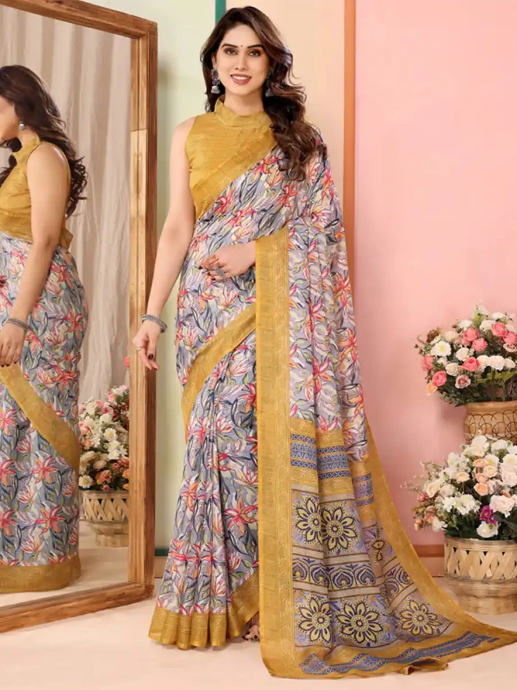 Mustard Kota Doriya Printed Festival Casual Contemporary Saree