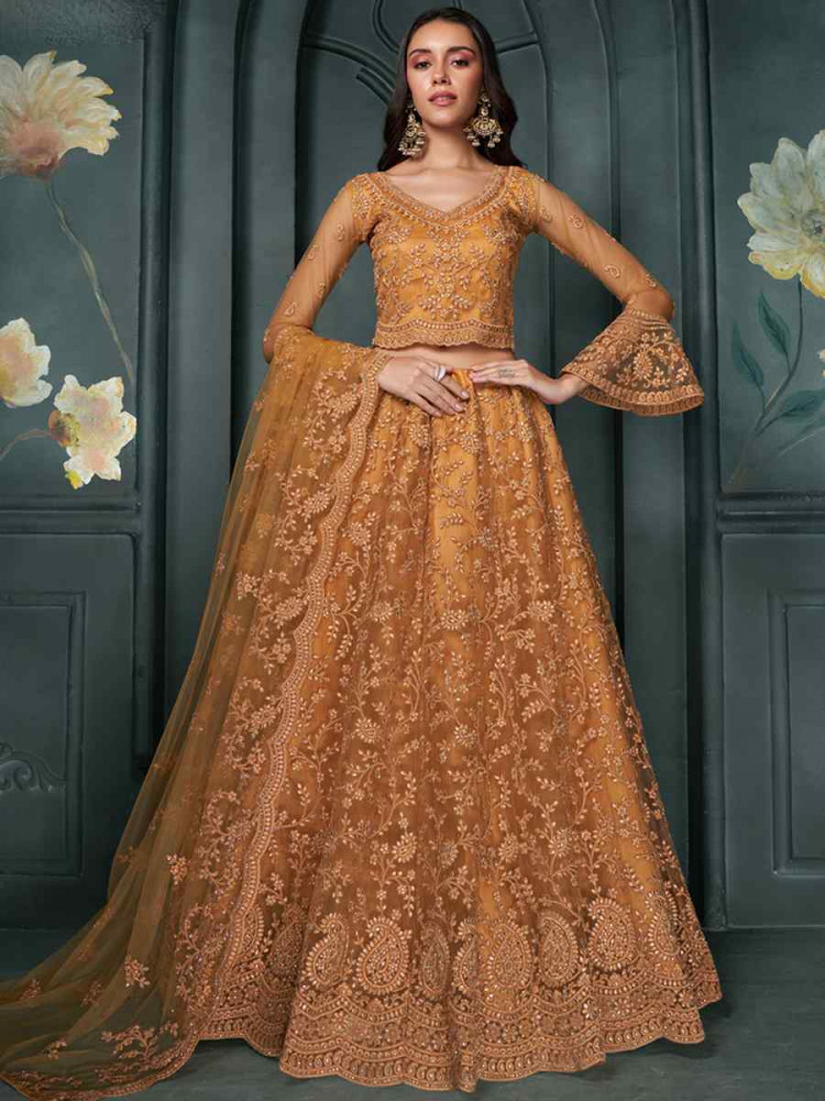 Mustard Net Embroidered Bridesmaid Wedding Heavy Border Lehenga Choli