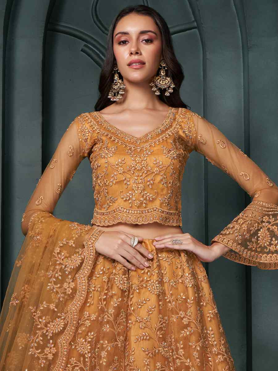 Mustard Net Embroidered Bridesmaid Wedding Heavy Border Lehenga Choli