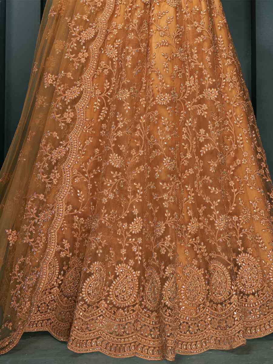 Mustard Net Embroidered Bridesmaid Wedding Heavy Border Lehenga Choli