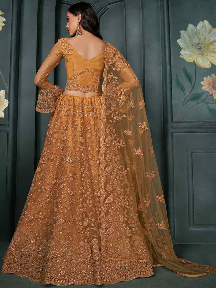 Mustard Net Embroidered Bridesmaid Wedding Heavy Border Lehenga Choli