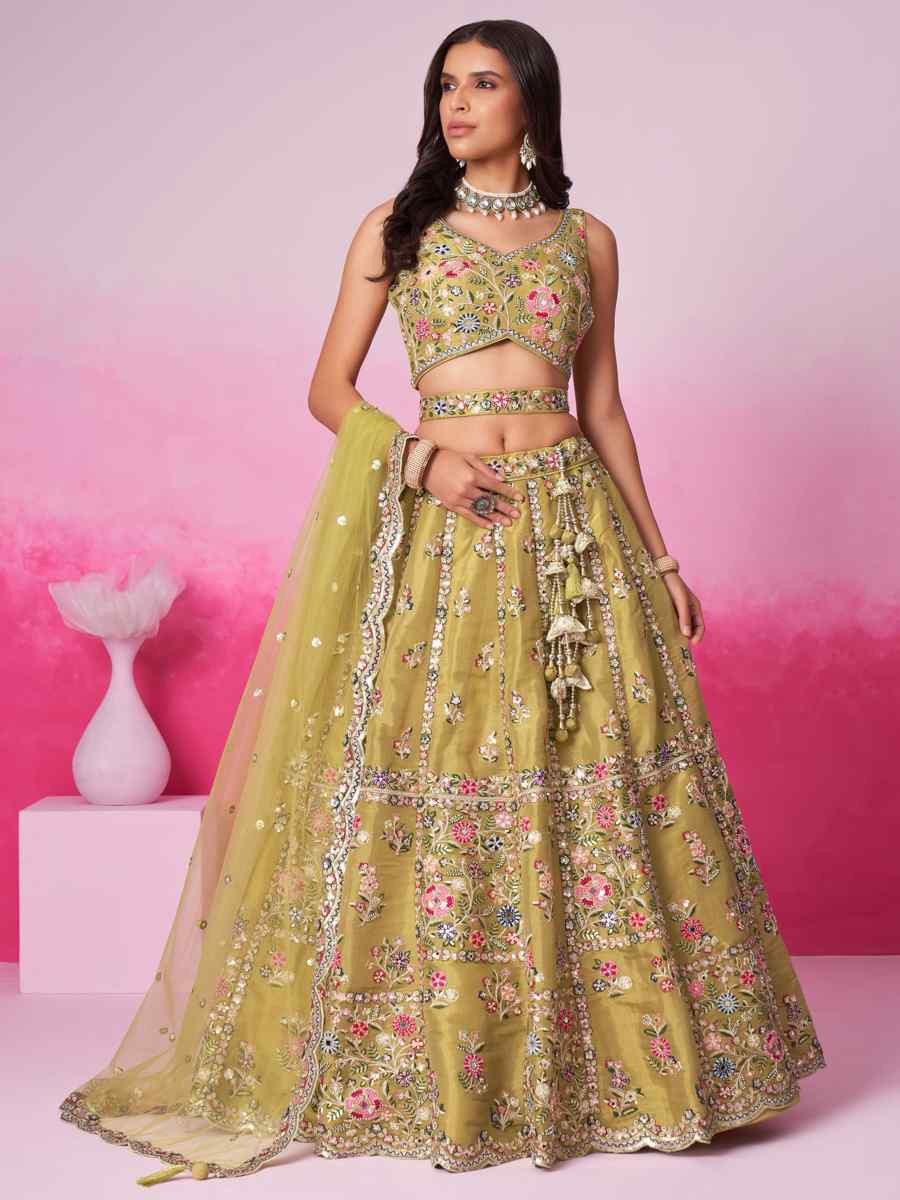 Mustard Net Embroidered Bridesmaid Wedding Heavy Border Lehenga Choli