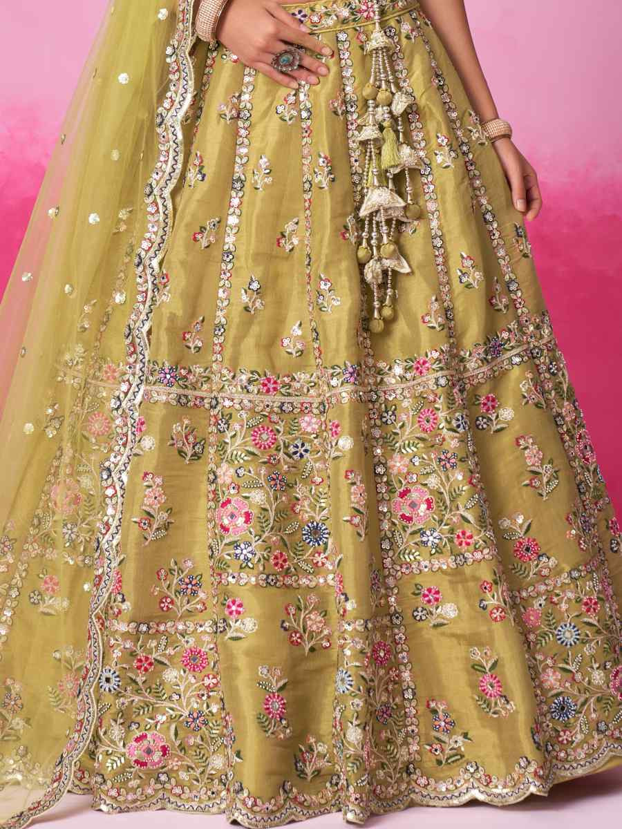 Mustard Net Embroidered Bridesmaid Wedding Heavy Border Lehenga Choli