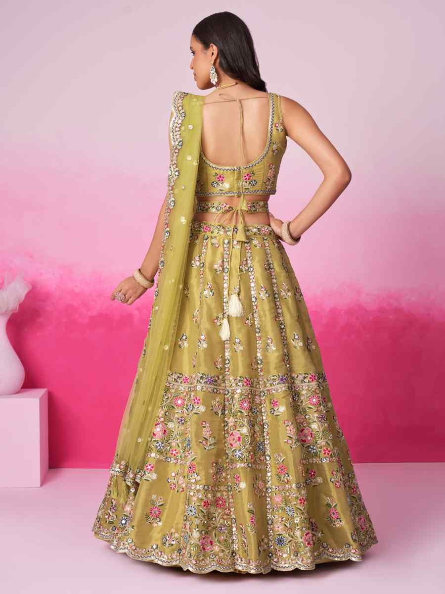 Mustard Net Embroidered Bridesmaid Wedding Heavy Border Lehenga Choli