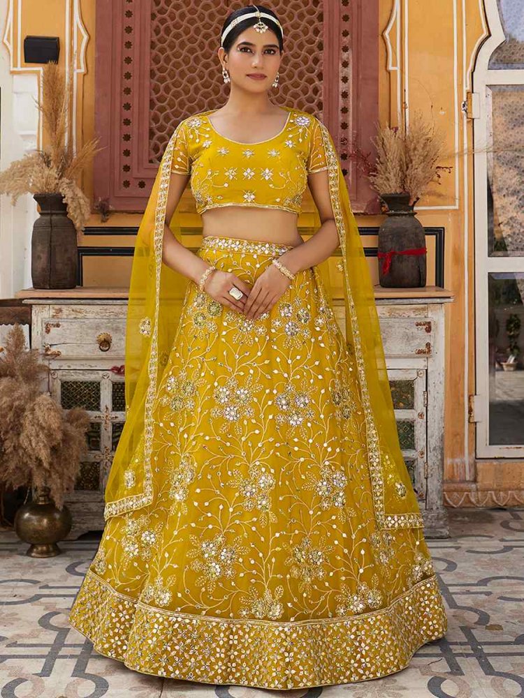 Mustard Net Embroidered Bridesmaid Wedding Heavy Border Lehenga Choli