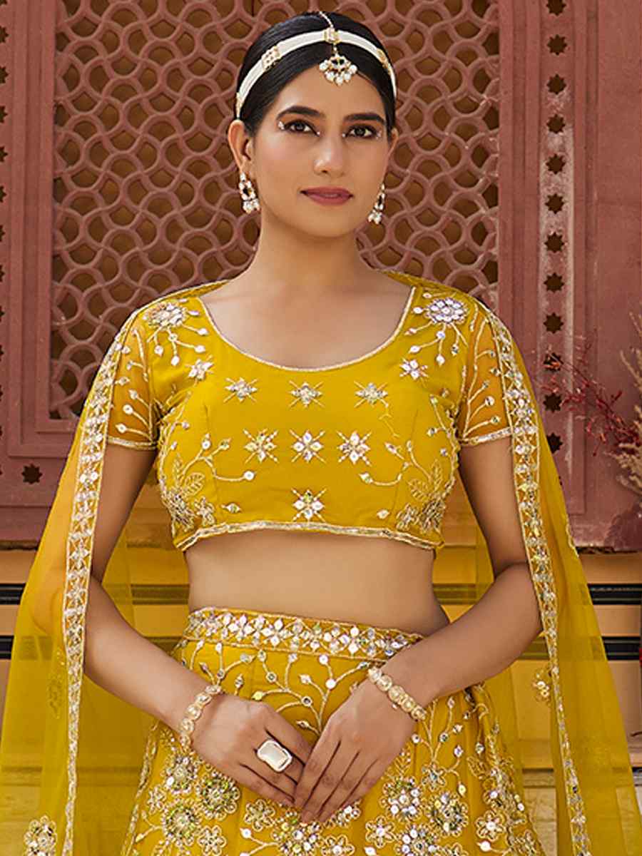 Mustard Net Embroidered Bridesmaid Wedding Heavy Border Lehenga Choli