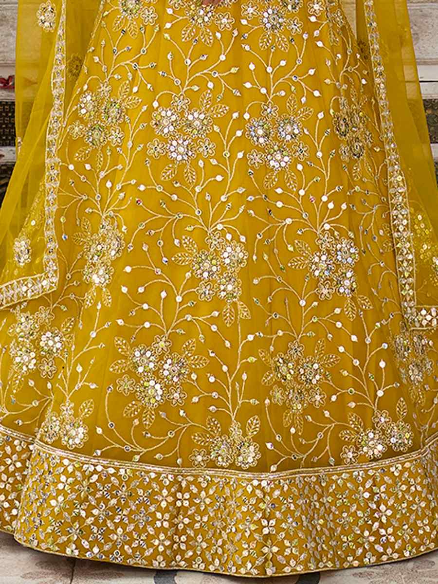 Mustard Net Embroidered Bridesmaid Wedding Heavy Border Lehenga Choli