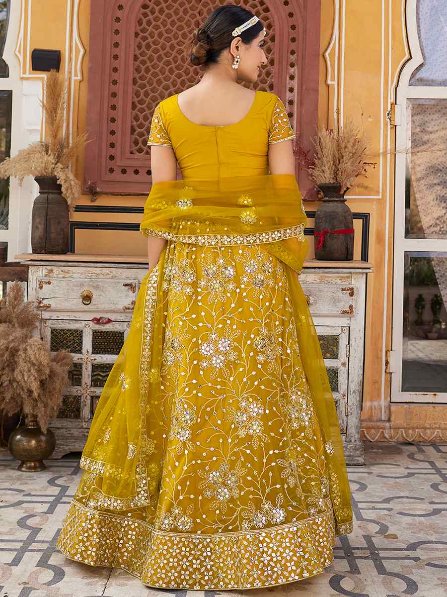 Mustard Net Embroidered Bridesmaid Wedding Heavy Border Lehenga Choli