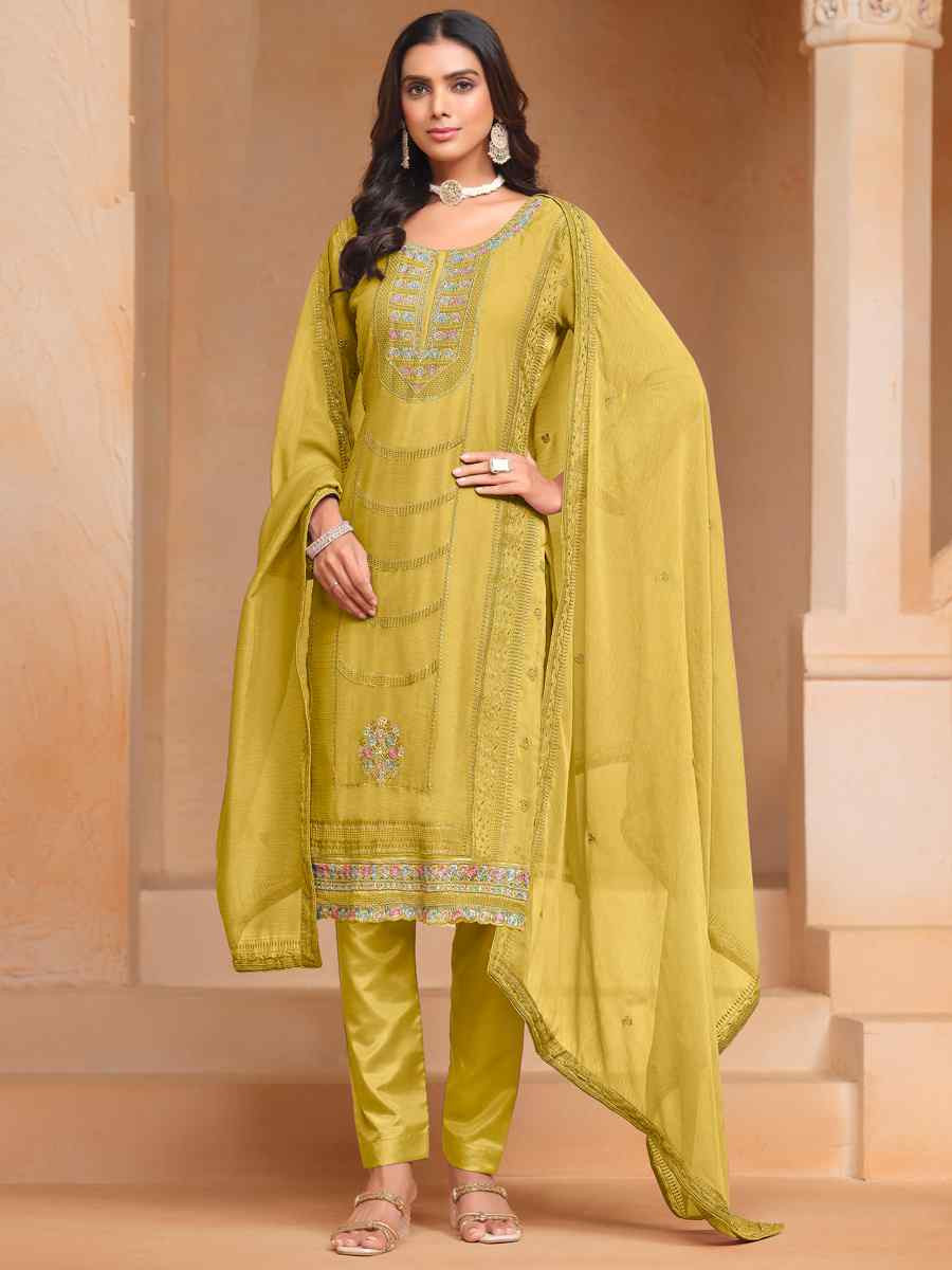 Mustard Organza Chiffon Embroidered Festival Wedding Pant Salwar Kameez