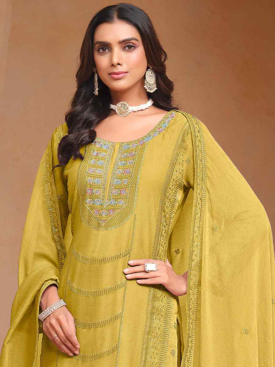 Mustard Organza Chiffon Embroidered Festival Wedding Pant Salwar Kameez