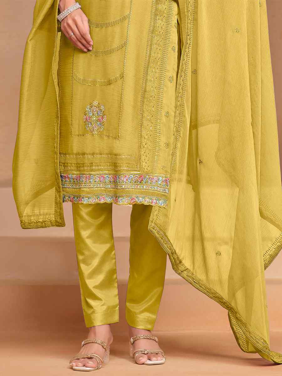 Mustard Organza Chiffon Embroidered Festival Wedding Pant Salwar Kameez