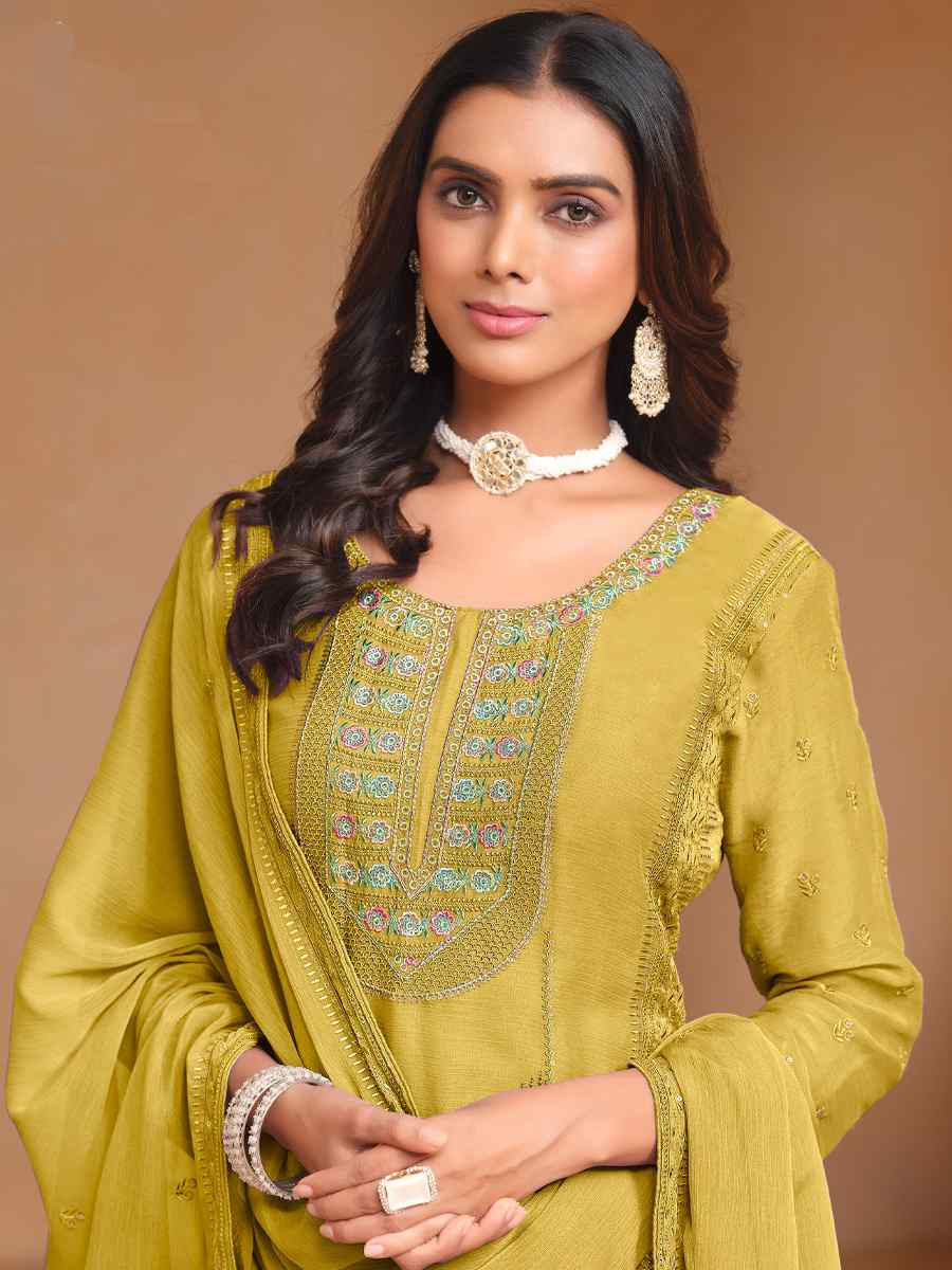 Mustard Organza Chiffon Embroidered Festival Wedding Pant Salwar Kameez