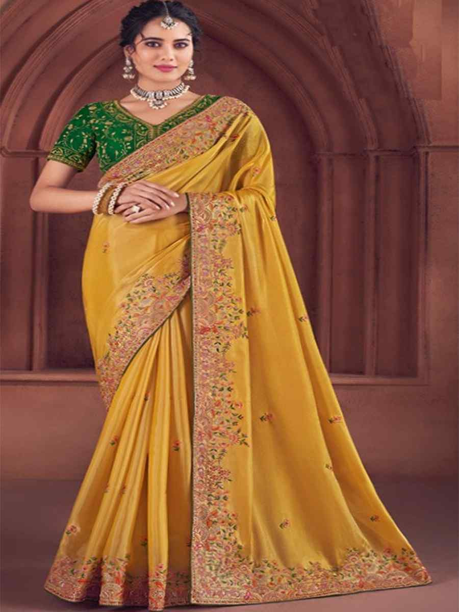 Mustard Organza Embroidered Bridesmaid Wedding Heavy Border Saree