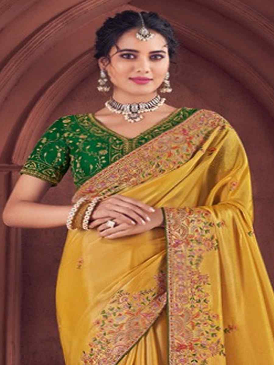 Mustard Organza Embroidered Bridesmaid Wedding Heavy Border Saree